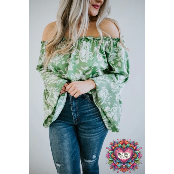 Peach Love Sage Green Satin Large Floral Print Off Shoulder Bubble Top - Picture 6 of 7